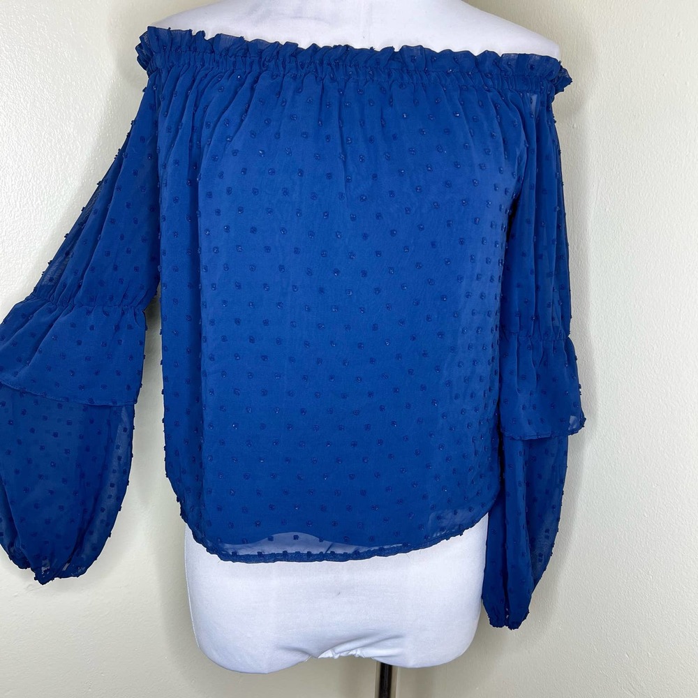Buffalo David Bitton Off The Shoulder Top SMALL Blue Swiss Dot Ruffle Summer